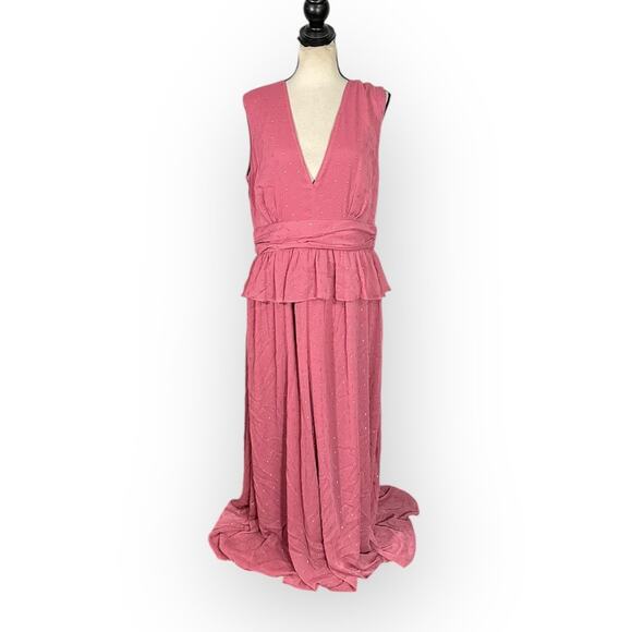 LDT Peplum Waist Gown Women's Plus 14 Pink Rose Sleeveless V-Neck Maxi RTR - Picture 3 of 15